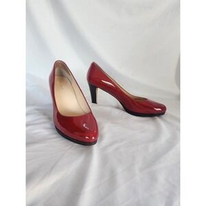 Cole Haan Red Patent Leather Pumps Size 9B Rounded Toe Stacked Heel Dress Shoes